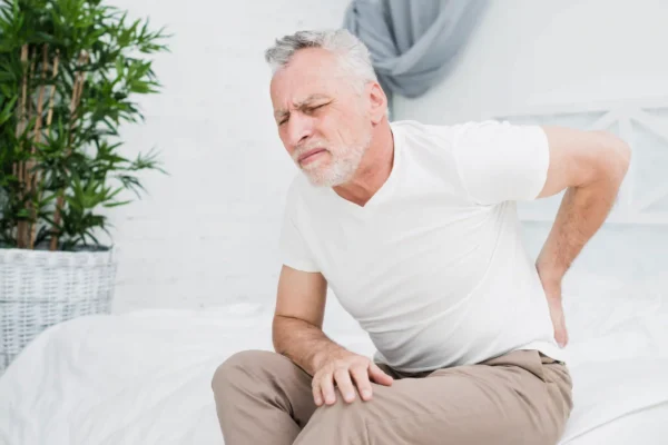 Older man with gray hair sitting on bed and holding his lower back in pain, illustrating chronic back discomfort.
