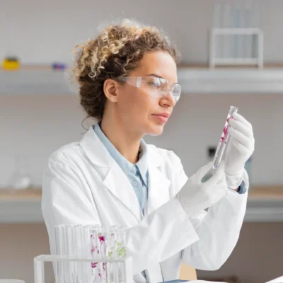 Woman in white coat and stethoscope analyzing X-ray image in medical office
