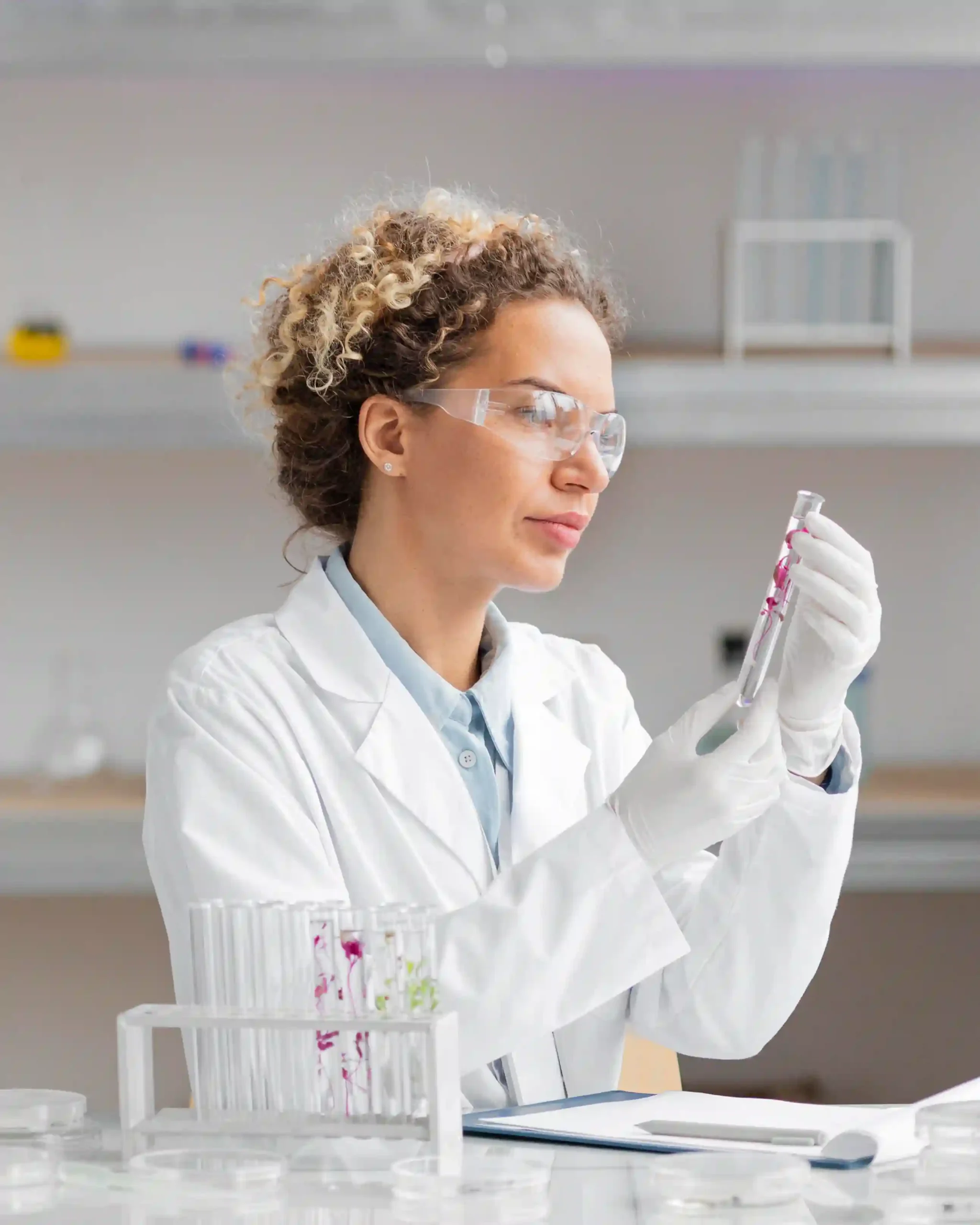 Woman in white coat and stethoscope analyzing X-ray image in medical office