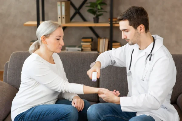 Young male doctor checking temperature of an elderly woman during a home healthcare appointment