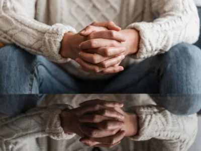 Person sitting with clasped hands, symbolizing grief and emotional support during bereavement in 85250