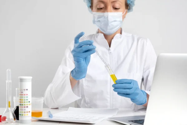 Female lab specialist performing urine test with pipette in sterile medical environment.