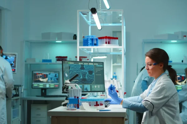 Lab technician analyzing blood samples in a high-tech laboratory with test tubes and microscope.