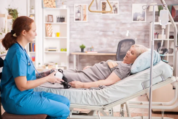 Female nurse presenting a virtual reality headset to a senior woman lying in a hospital bed.
