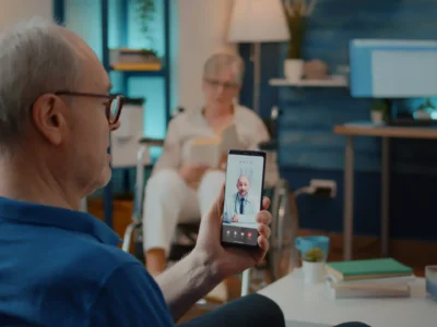 Older man in 85259 using telehealth with Dr. Cook, while CVS delivers prescriptions to his home