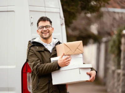 Smiling courier delivering medical packages and prescriptions for home healthcare support
