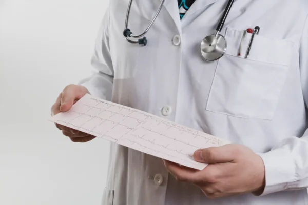 A doctor holding an EKG printout during an in-home cardiac evaluation for an older adult patient