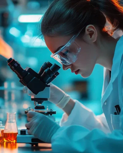 Female lab technician analyzing samples under microscope for in-home diagnostic services in 85251