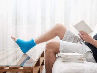 Man with a blue leg cast resting at home while reading a book, recovering in comfort