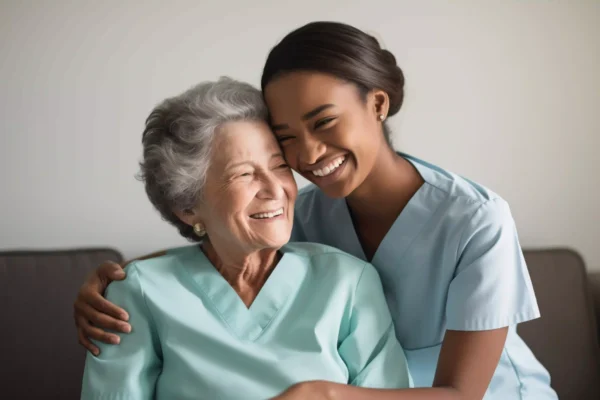 Smiling caregiver hugging an older adult woman during a home visit in 85251 Scottsdale