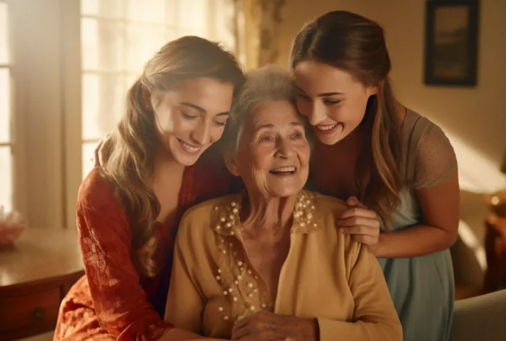 Elderly woman smiling with two young family members embracing her, symbolizing comfort and compassionate care at Active Care Home II with Dr. Cook’s medical support.
