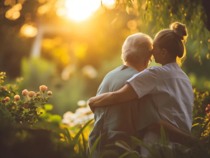 Elderly resident and caregiver embracing in a peaceful garden at sunset, symbolizing compassion and support at Aberdeen Home.