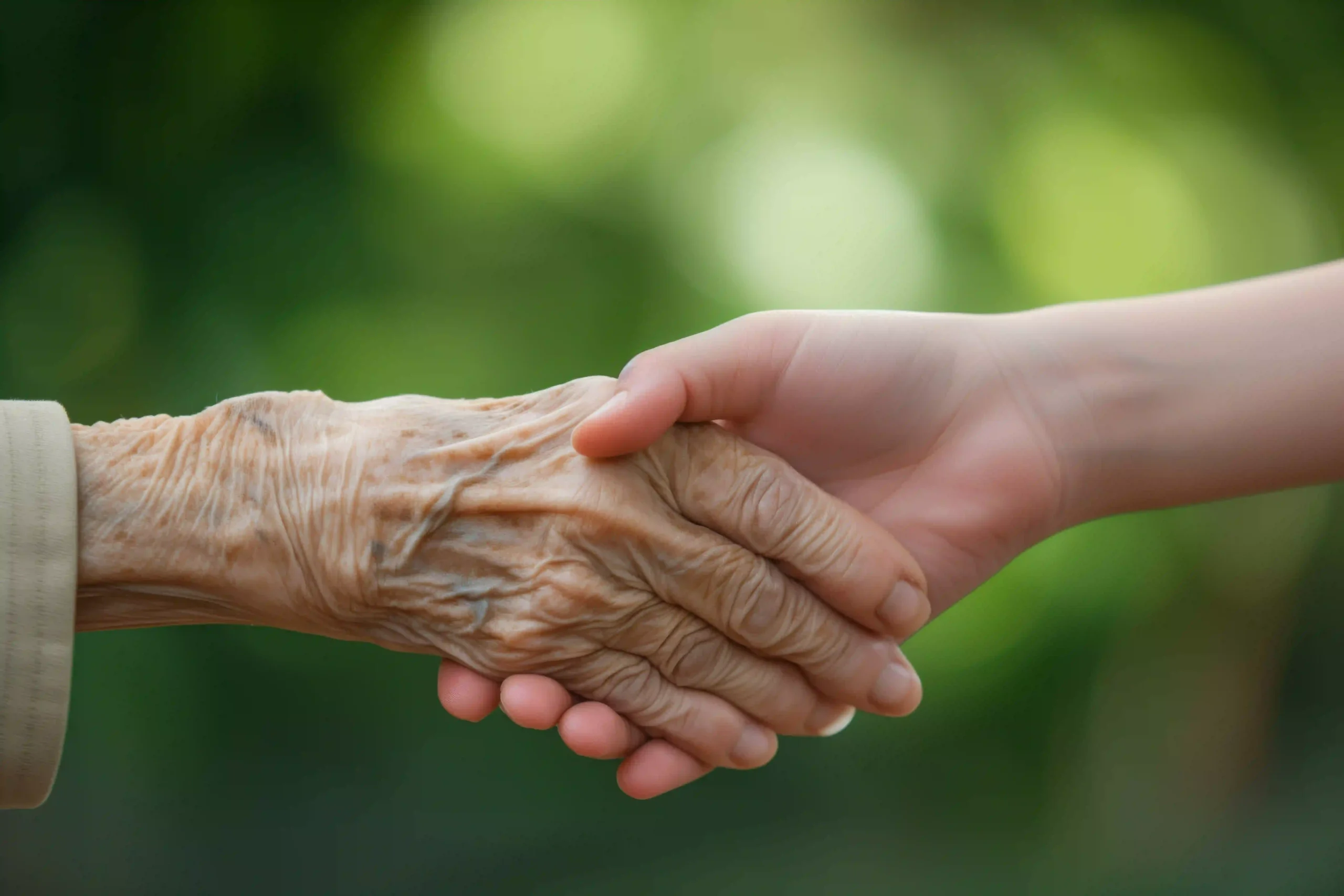 Young caregiver holding hands with an elderly person, symbolizing Dr. Cook’s compassionate in-home healthcare at A Place in the Sun