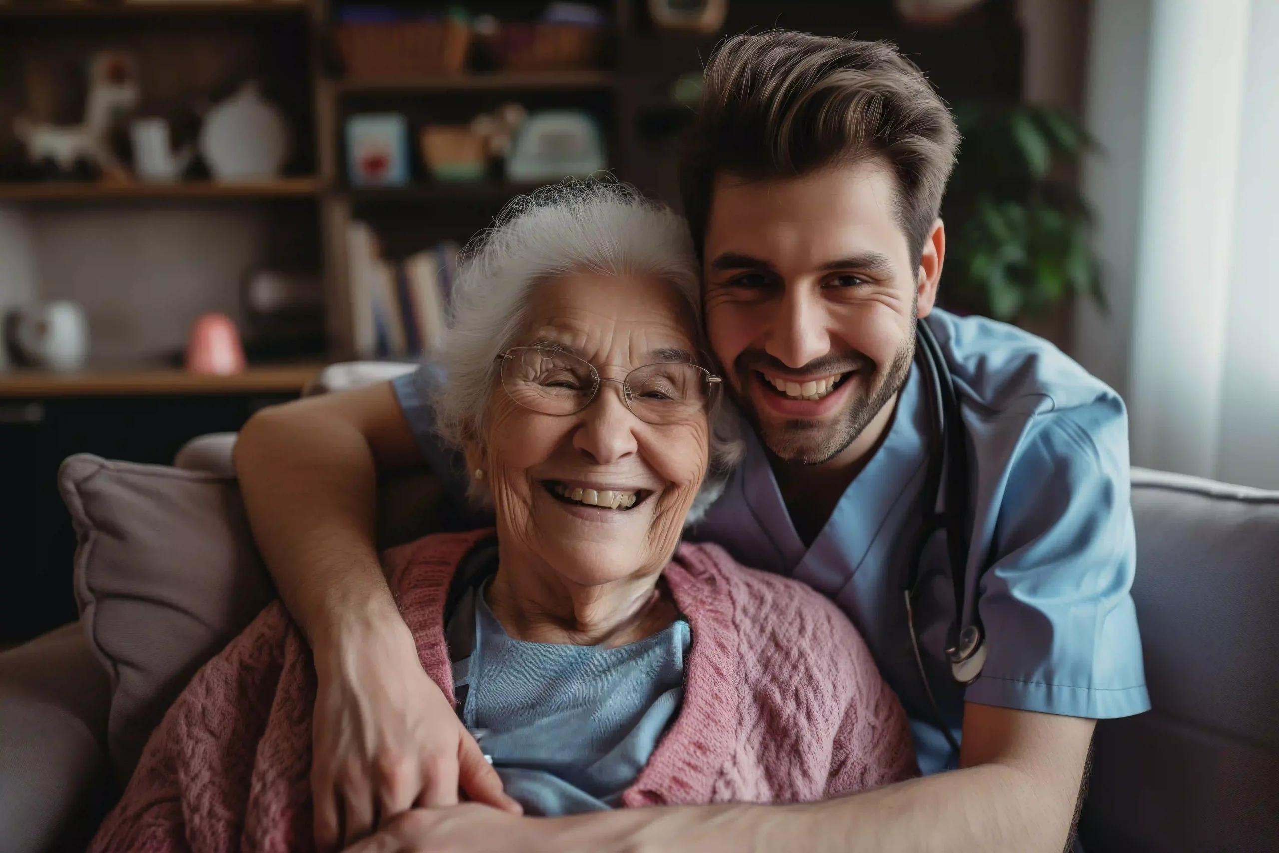 Smiling elderly woman and young male nurse sitting together in an assisted living home