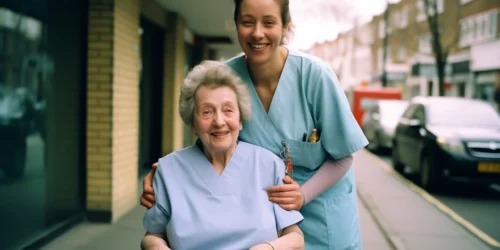Smiling caregiver with an older adult in wheelchair symbolizing home care in A Happy Place Adult Care Home with Dr. Cook