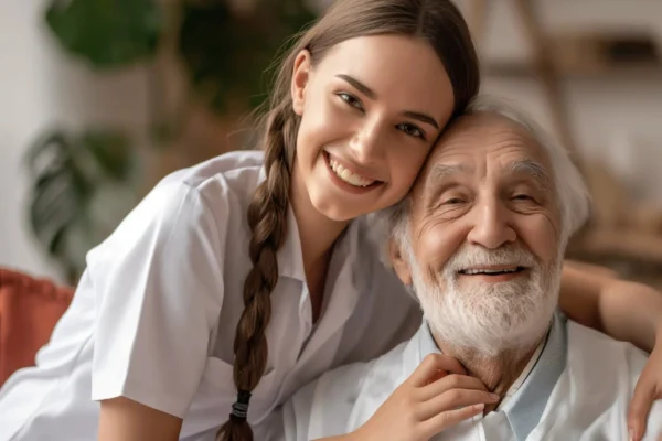 Young female caregiver with a braid hugging and smiling alongside an elderly man with a white beard, both looking happy in a warm, home-like assisted living environment.