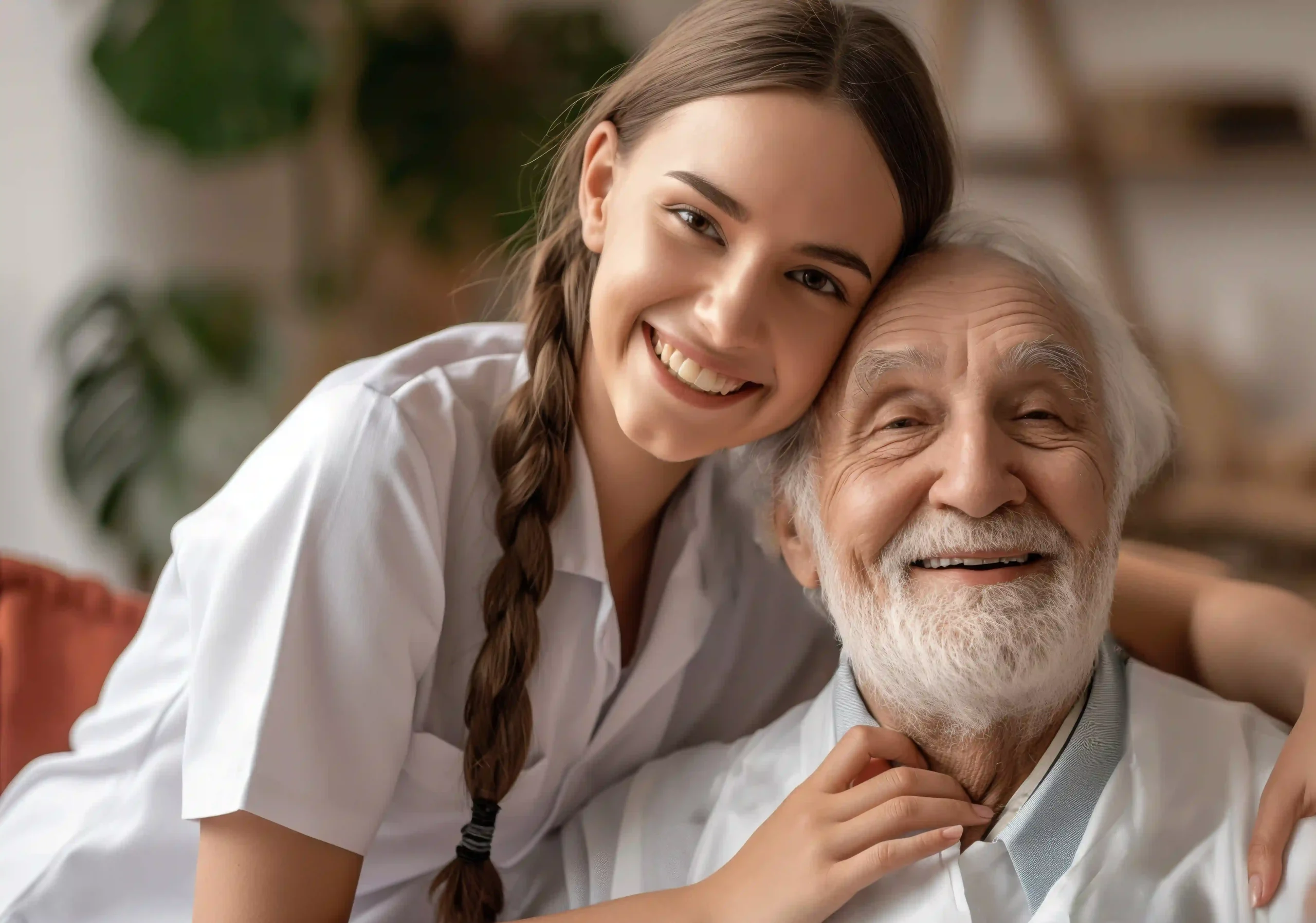 Young female caregiver with a braid hugging and smiling alongside an elderly man with a white beard, both looking happy in a warm, home-like assisted living environment.