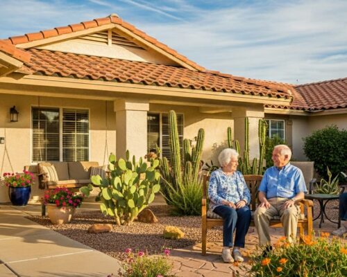 Active Care Homes, LLC in Scottsdale, Arizona, with elderly residents sitting outside the house, enjoying the garden and warm atmosphere of the assisted living home.