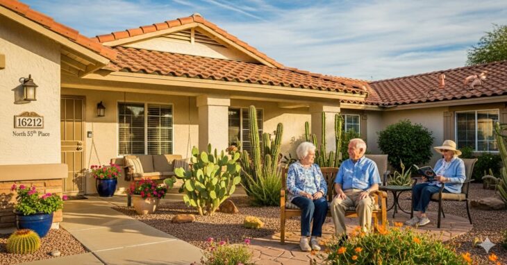 Active Care Homes, LLC in Scottsdale, Arizona, with elderly residents sitting outside the house, enjoying the garden and warm atmosphere of the assisted living home.