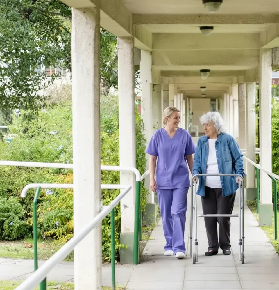 Nurse in purple scrubs walking outdoors with an elderly woman using a walker at an assisted living facility in Scottsdale.