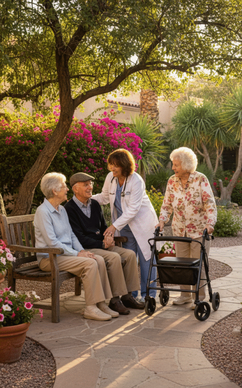 Elderly residents enjoying the courtyard of Amaryllis Assisted Living in Scottsdale with Dr. Cook providing in-room medical care support outdoors