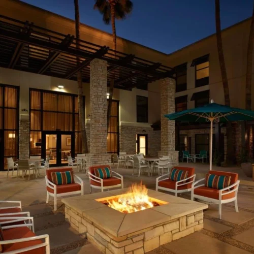 Exterior night view of Hampton Inn & Suites Phoenix Scottsdale on Shea Boulevard