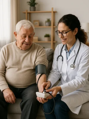 Female doctor measures an older adult’s blood pressure during an in-room visit at Agape Senior Living