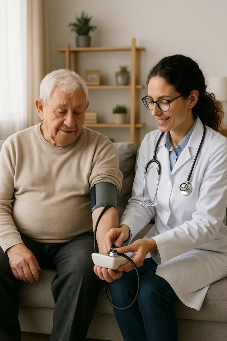 Female doctor measures an older adult’s blood pressure during an in-room visit at Agape Senior Living