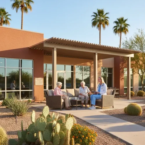 Seniors sitting with a doctor in front of a Scottsdale assisted living residence surrounded by desert landscaping.