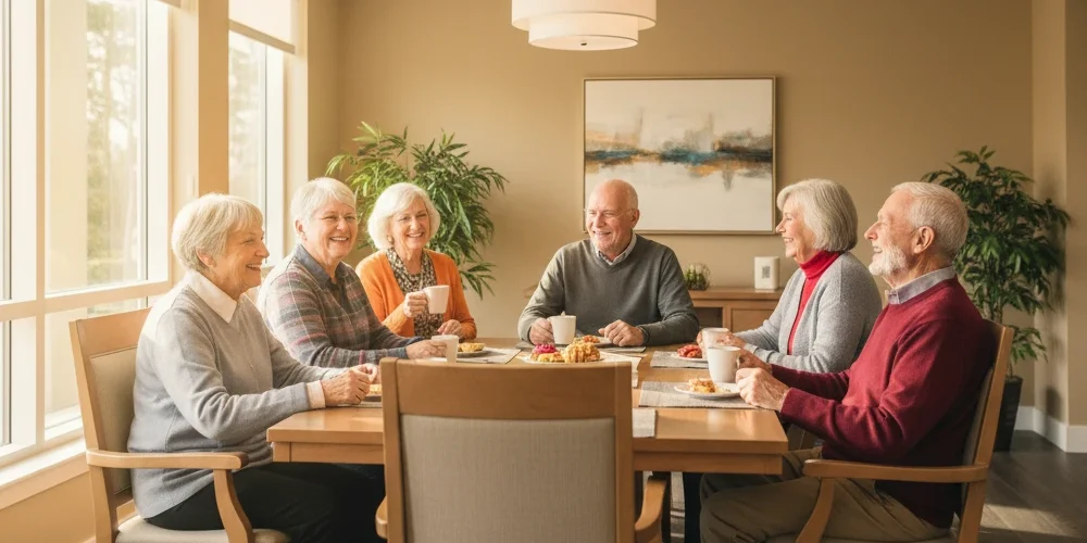 Residents enjoying breakfast and friendly conversation at Assisted Living at the Woodridge in Scottsdale.