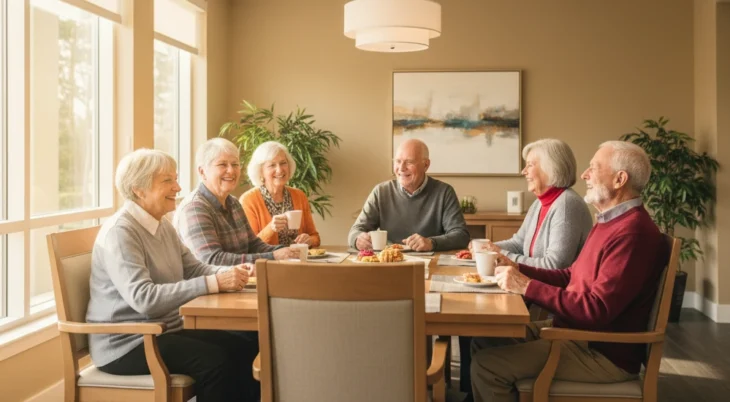 Residents enjoying breakfast and friendly conversation at Assisted Living at the Woodridge in Scottsdale.
