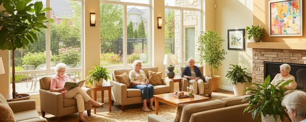 Bright common area of an assisted living home where older adults relax, read, and socialize in a sunny lounge with large windows and indoor plants.