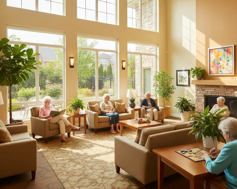 Bright common area of an assisted living home where older adults relax, read, and socialize in a sunny lounge with large windows and indoor plants.