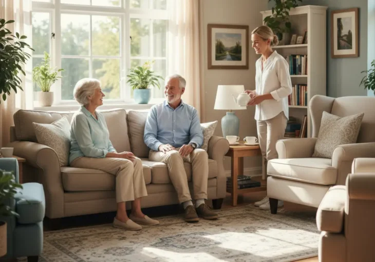 Older adults sitting in the shared living room at Assisted Living at Mountain Vista, engaging in friendly conversation in a home-like setting