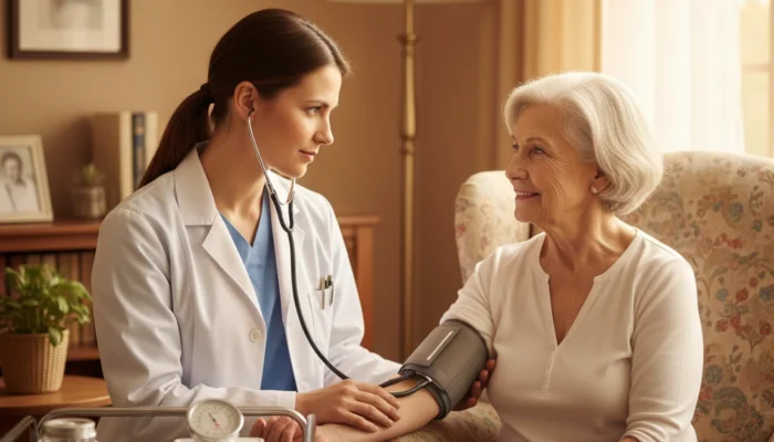 Home-visiting doctor checking an older adult’s blood pressure inside Assisted Living at the Woodridge.
