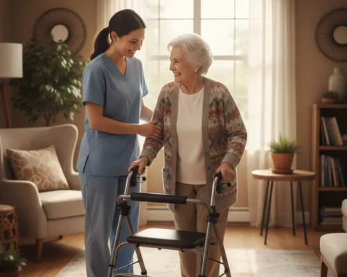 Caring nurse assisting an older adult with a walker inside a cozy living room, symbolizing safe and supportive daily care.