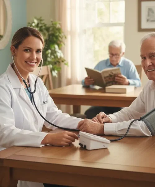 Dr. Rebecca Cook providing an in-room medical checkup to an older adult resident at Assisted Living at Mountain Vista in Scottsdale