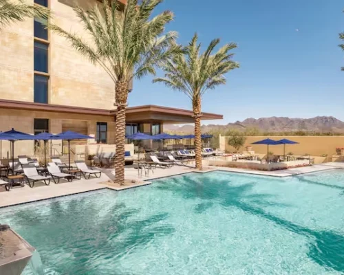 Resort-style outdoor pool at Hilton North Scottsdale at Cavasson surrounded by palm trees and desert landscape