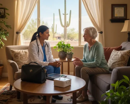 Female doctor visiting an older adult at home in Scottsdale, Arizona, having a calm conversation near a window with desert scenery outside.