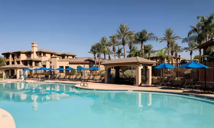 Outdoor pool surrounded by palm trees and sun loungers at Hilton Vacation Club Scottsdale Links Resort