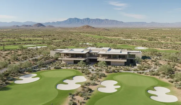 3D aerial rendering of a desert golf clubhouse with surrounding fairways and mountains in the distance