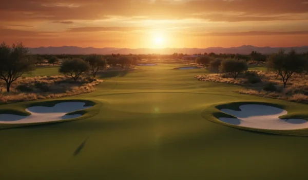 3D sunset view of a desert golf fairway with bunkers and trees under an orange sky