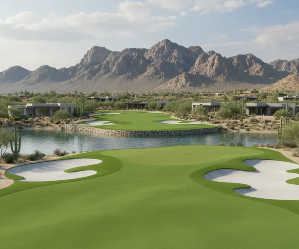 3D model of a golf green by a lake with modern desert homes and rocky mountains in the background