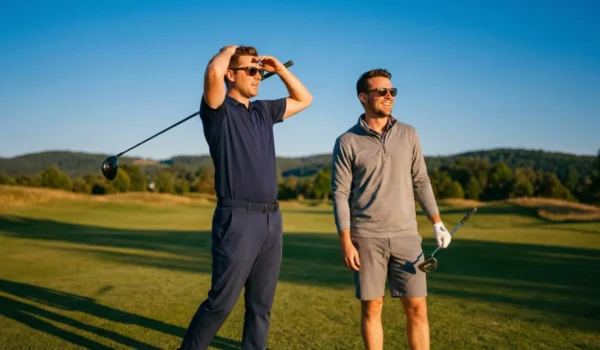 Two young men in golf clothing smiling and watching a shot on a sunny fairway