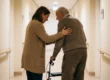 Caregiver supports an older man using a walker in a bright assisted living hallway.