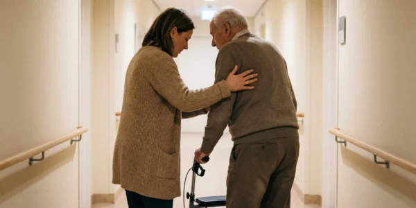Caregiver supports an older man using a walker in a bright assisted living hallway.