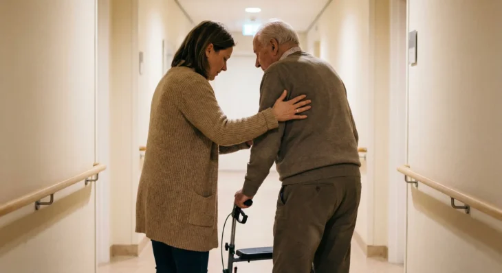 Caregiver supports an older man using a walker in a bright assisted living hallway.