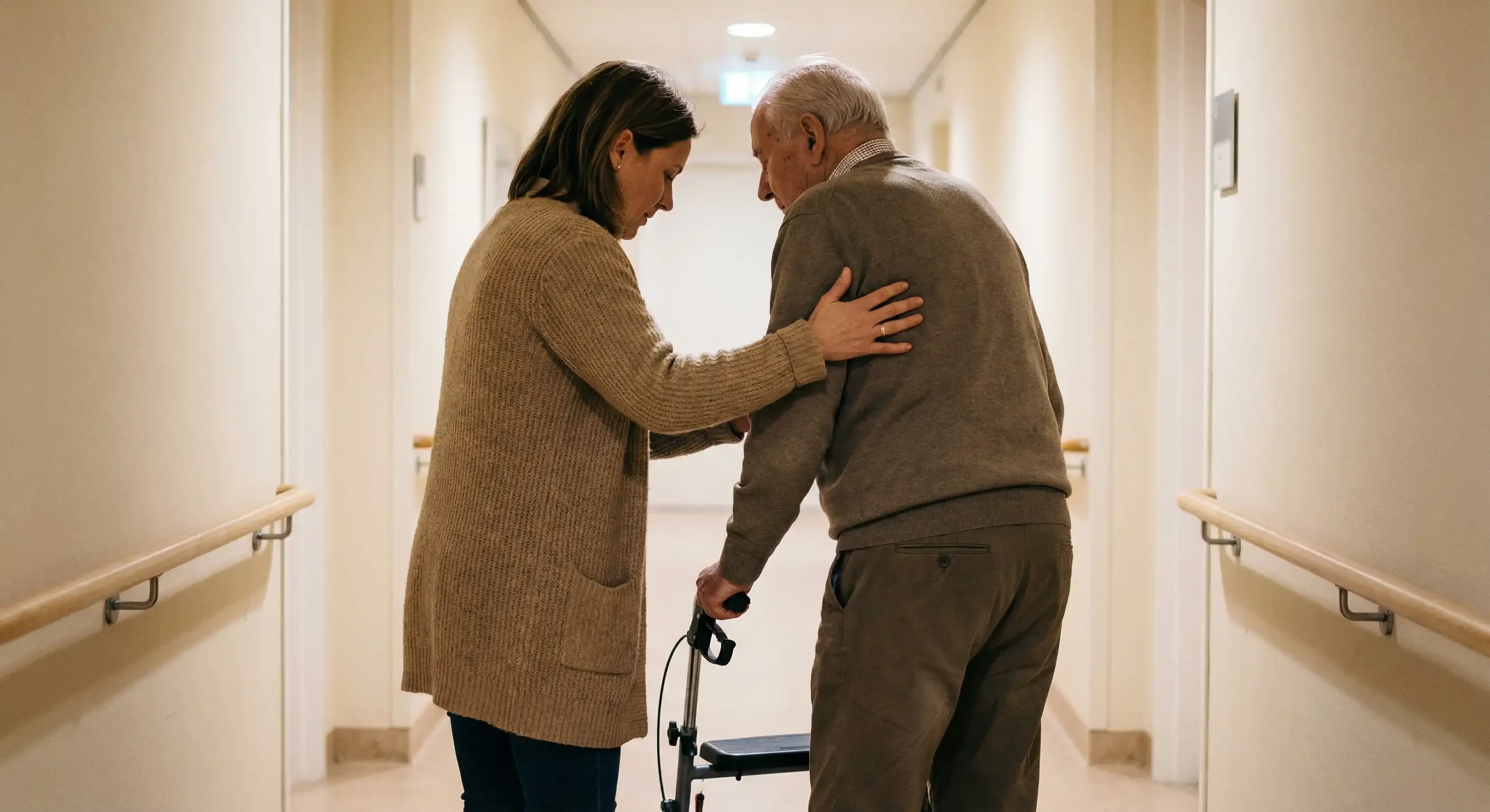 Caregiver supports an older man using a walker in a bright assisted living hallway.