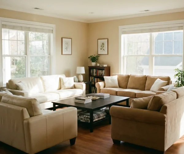 Sunlit common living room with neutral sofas, armchairs, plants, and large windows in a small care home.