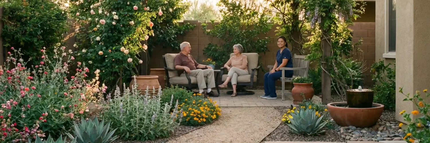 Older adults chatting with a caregiver in a shaded garden patio with desert plants and flowers.